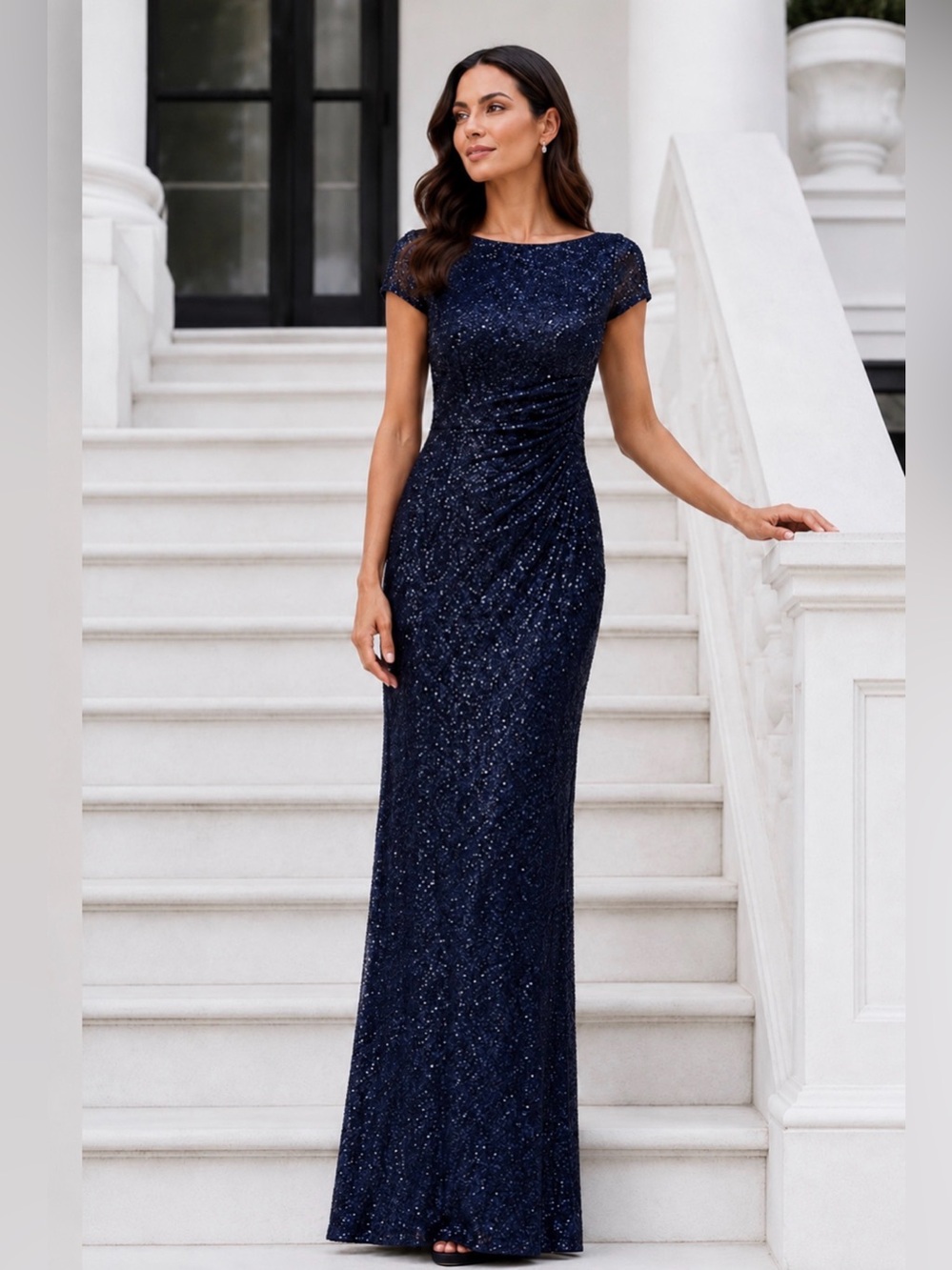 Adrianna Papell Midnight Navy Sequin Ruched Formal Maxi Gown
